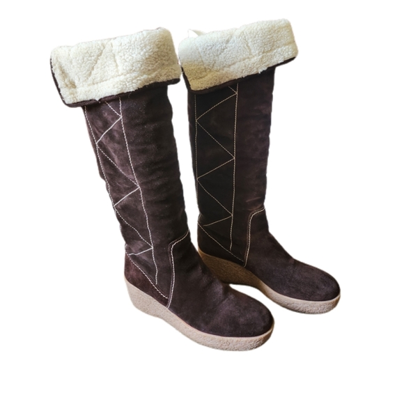 MICHAEL KORS "CROSBY" BROWN SUEDE KNEE HIGH WEDGE HEEL BOOTS - Picture 7 of 8